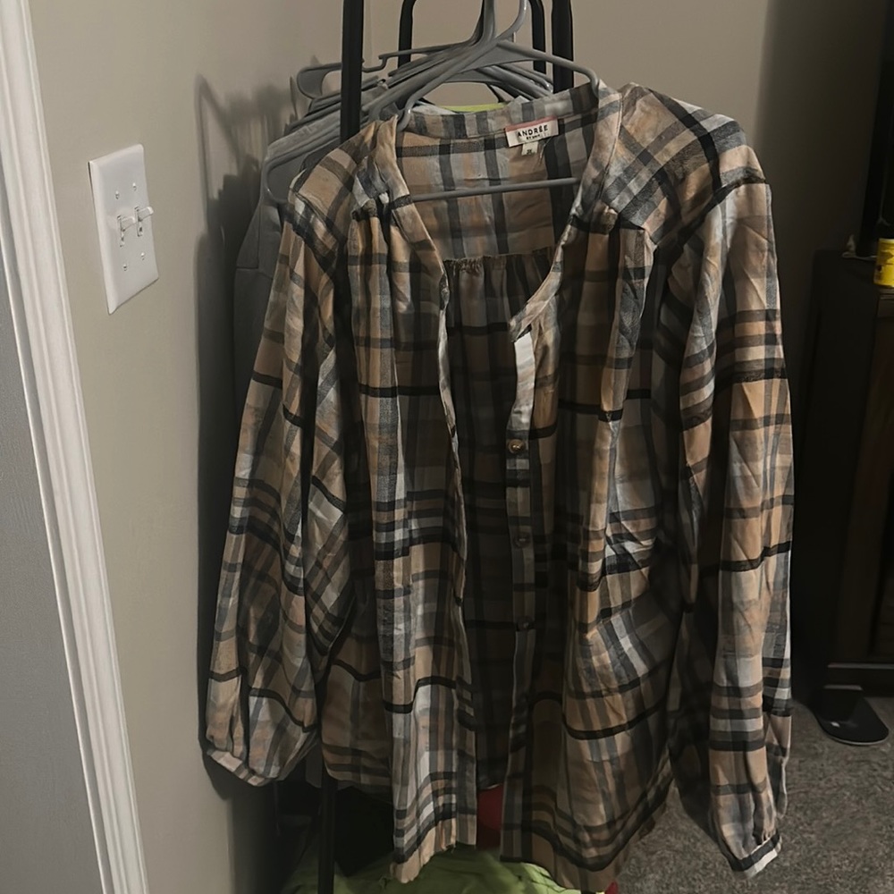 Taupe plaid Balloon sleeve shirt